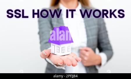 Didascalia di testo che presenta SSL come funziona. La chiave concettuale di sessione fotografica viene utilizzata per crittografare tutti i dati trasmessi Foto Stock