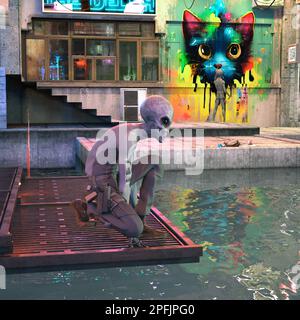3d illustrazione di due alieni grigi con un alieno che si inginocchia e guarda l'acqua con attenzione in un vicolo deserto con graffiti sullo sfondo. Foto Stock