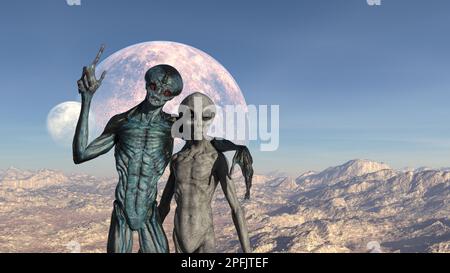 3d illustrazione di un alieno blu con un dito in su e un braccio intorno alle spalle di un alieno grigio su un pianeta arido con una luna che si alza. Foto Stock