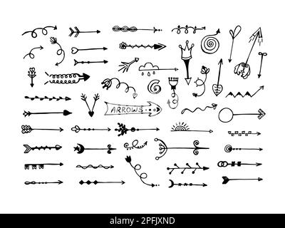 Diversi tipi di frecce, nero e bianco doodle set Illustrazione Vettoriale