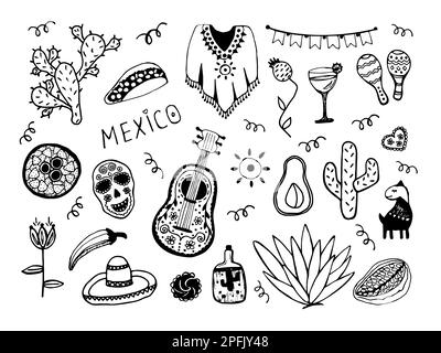 Simboli messicani, nero e bianco doodle set Illustrazione Vettoriale