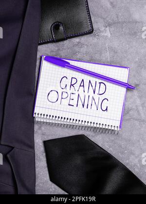 Scrittura a mano Grand Opening. Word for Ribbon taglio nuovo business primo lancio ufficiale giorno Foto Stock