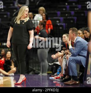 Baton Rouge, Stati Uniti. 17th Mar, 2023. L'allenatore capo dei ribelli dell'UNLV Lindy la Rocque parla con i suoi allenatori assistente durante il primo round del torneo femminile di pallacanestro NCAA al Pete Maravich Assembly Center di Baton Rouge, Louisiana, venerdì 17 marzo 2023. (Foto di Peter G. Forest/Sipa USA) Credit: Sipa USA/Alamy Live News Foto Stock