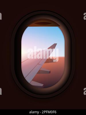 Concetto di vettore di finestra di aeroplano all'interno del volo interno. Fly finestra aereo cabina interno tramonto vista aperta passeggero. Illustrazione Vettoriale