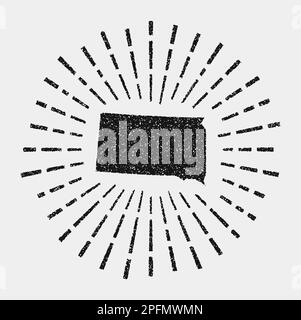 Mappa vintage del South Dakota. Il sole grunge scoppiò intorno allo stato degli Stati Uniti. Forma nera del South Dakota con raggi solari su sfondo bianco. Illustrazione vettoriale. Illustrazione Vettoriale
