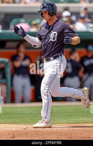 16 MARZO 2023, Lakeland FL USA; Detroit Tigers infelder Keith Colt (81) homers in fondo al secondo inning durante un gioco di allenamento primaverile MLB Foto Stock