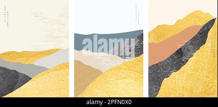 Sfondo giapponese con vettore di texture in lamina d'oro. Modello di paesaggio astratto con modello a forma d'onda disegnato a mano in stile orientale. Illustrazione Vettoriale