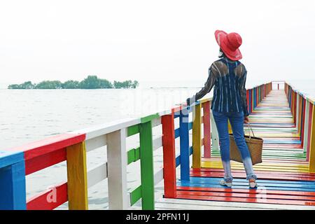 Donna sul colorato Boardwalk in legno che guarda fino al cielo Foto Stock