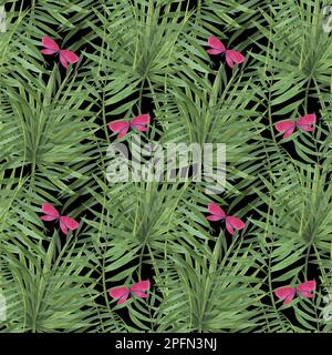 Piante tropiche senza cuciture, acquerello a farfalla magenta isolato su sfondo bianco. Acquerello Llustrazione botanica disegnata a mano per il design pack Foto Stock