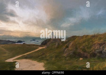 Pittura digitale del faro dell'isola di Llanddwyn, Twr Mawr a Ynys Llanddwyn su Anglesey, Galles del Nord all'alba. Foto Stock