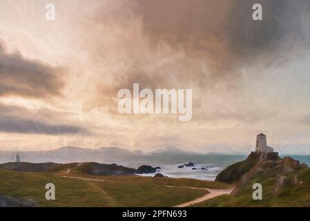 Pittura digitale del faro dell'isola di Llanddwyn, Twr Mawr a Ynys Llanddwyn su Anglesey, Galles del Nord all'alba. Foto Stock