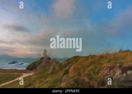 Pittura digitale del faro dell'isola di Llanddwyn, Twr Mawr a Ynys Llanddwyn su Anglesey, Galles del Nord all'alba. Foto Stock