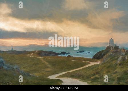 Pittura digitale del faro dell'isola di Llanddwyn, Twr Mawr a Ynys Llanddwyn su Anglesey, Galles del Nord all'alba. Foto Stock