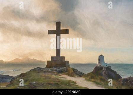 Pittura digitale del faro dell'isola di Llanddwyn, Twr Mawr a Ynys Llanddwyn su Anglesey, Galles del Nord all'alba. Foto Stock