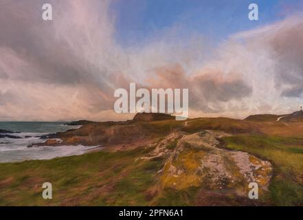 Pittura digitale del faro dell'isola di Llanddwyn, Twr Mawr a Ynys Llanddwyn su Anglesey, Galles del Nord all'alba. Foto Stock