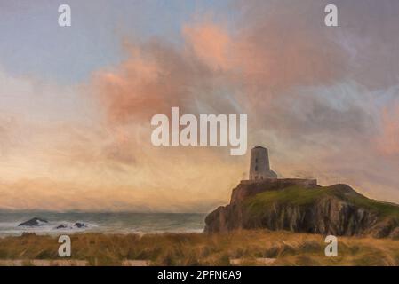 Pittura digitale del faro dell'isola di Llanddwyn, Twr Mawr a Ynys Llanddwyn su Anglesey, Galles del Nord all'alba. Foto Stock