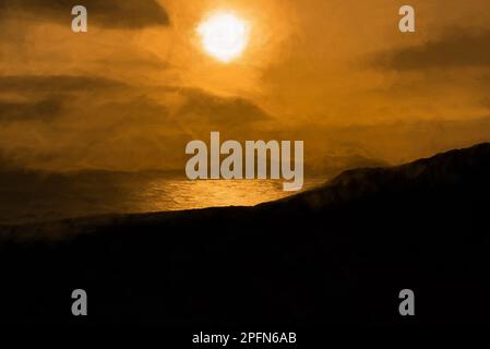 Pittura digitale di una vista della penisola di llyn da Ynys Llanddwyn su Anglesey, Galles del Nord all'alba. Foto Stock