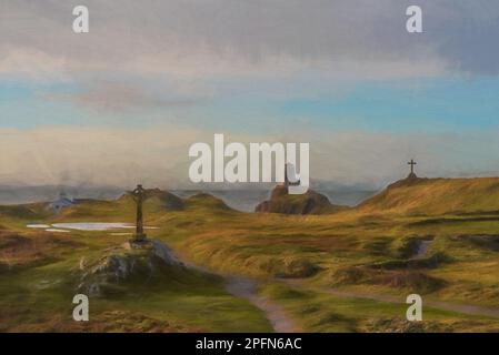 Pittura digitale del faro dell'isola di Llanddwyn, Twr Mawr a Ynys Llanddwyn su Anglesey, Galles del Nord all'alba. Foto Stock