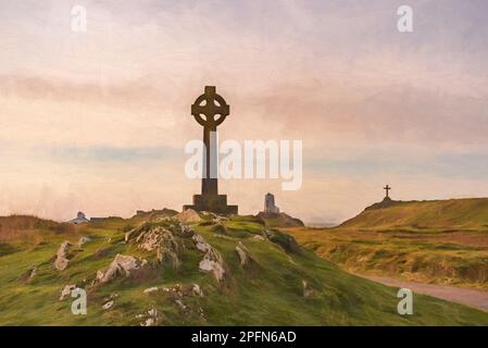 Pittura digitale del faro dell'isola di Llanddwyn, Twr Mawr a Ynys Llanddwyn su Anglesey, Galles del Nord all'alba. Foto Stock