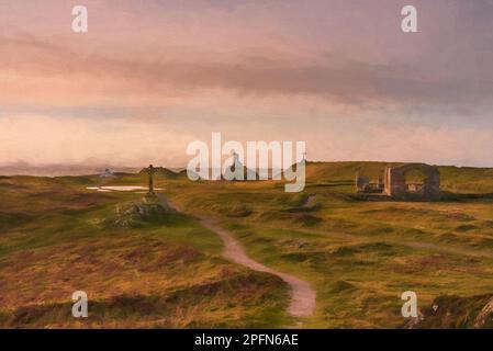 Pittura digitale del faro dell'isola di Llanddwyn, Twr Mawr a Ynys Llanddwyn su Anglesey, Galles del Nord all'alba. Foto Stock