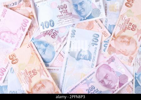 Banconote turche. TRY o TL. Numeri macro shot.5,10,20,200 Lira Turca Foto Stock