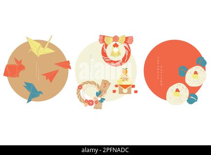 Icone asiatiche con motivo giapponese. Set di icone celebrazione elementi grafici moderni vettore. Modello per il logo, il volantino o la presentazione. Anno nuovo i Illustrazione Vettoriale