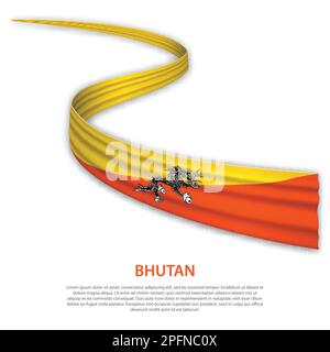 Sventolando in nastro o banner con bandiera del Bhutan. Modello per il giorno di indipendenza il design di poster Illustrazione Vettoriale