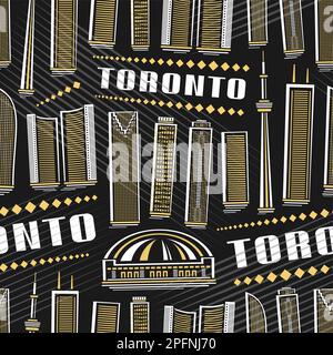 Vector Toronto Seamless Pattern, sfondo quadrato a ripetizione con illustrazione del famoso paesaggio della città di toronto su sfondo scuro per carta da imballaggio, decora Illustrazione Vettoriale