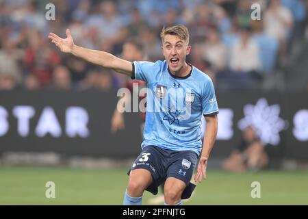 Sydney, Australia. 18th Mar, 2023. Joel King of Sydney FC reagisce durante l'Australia A una partita di campionato tra Sydney FC e West Sydney Wanderers all'Allianz Stadium di Sydney, Australia, il 18 marzo 2023. Foto di Peter Dovgan. Solo per uso editoriale, licenza richiesta per uso commerciale. Non è utilizzabile nelle scommesse, nei giochi o nelle pubblicazioni di un singolo club/campionato/giocatore. Credit: UK Sports Pics Ltd/Alamy Live News Foto Stock