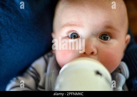 Il bambino beve latte da un biberon, primo piano, occhi blu, spazio blu per le copie Foto Stock