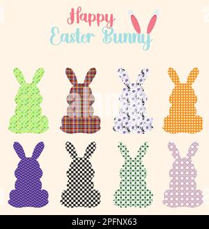 Coniglietto di Pasqua con Gingham, Check, modello floreale. Elementi di design per feste, feste, stampe di compleanno Illustrazione Vettoriale