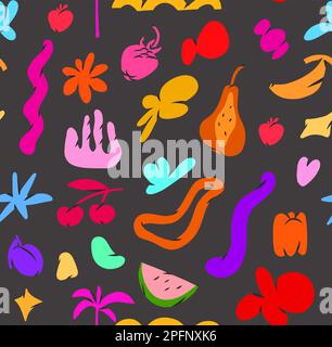 Disegno a mano vettoriale astratto semplice arte contemporanea senza cuciture modello, creativa decorazione cartoon retrò forme, forme, e doodle oggetti, brutalismo design Illustrazione Vettoriale