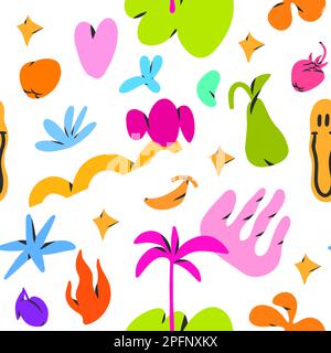 Disegno a mano vettoriale astratto semplice arte contemporanea senza cuciture modello, creativa decorazione cartoon retrò forme, forme, e doodle oggetti, brutalismo design Illustrazione Vettoriale