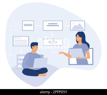 Concetto di educazione IT, tutorial di sviluppo web, formazione IT online, disegno vettoriale piatto moderno Illustrazione Vettoriale