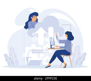 Concetto di servizio cloud, collaborazione cloud, piattaforma di gioco online, business remoto, illustrazione moderna a vettore piatto Illustrazione Vettoriale