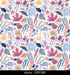 Pesci marini tropicali, modello oceanico. Creature sottomarine, coralli e bolle, la natura dei bambini conchiglia d'acqua. Coralli di Doodle. Decorazione tessile, carta da imballaggio, disegno della carta da parati della stanza dei bambini. Sfondo vettoriale senza giunture Illustrazione Vettoriale