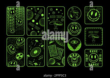 Sorrisi trippy, adesivi psichedelici Y2K. ACID 90s Melt grafica, tossico divertenti volti freschi, felice rave simboli. Design moderno e futuristico. Oggetti al neon verde isolati, sfondo nero. Badge di design vettoriale Illustrazione Vettoriale