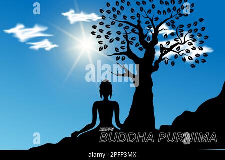 Buddha meditando sotto l'albero, vista del cielo limpido nuvoloso durante il giorno, per il festival buddista, Happy Buddha Purnima Vesak, poster, banner, backgrou Illustrazione Vettoriale