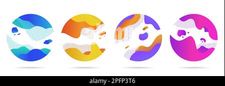 Cerchi le forme liquide, mescola gli elementi rotondi, forma. Eco grafica simboli geometrici, forme di flusso, presentazione astratta delle vendite, onde dinamiche. Modelli di social media. Set di disegno del logo di illustrazione vettoriale Illustrazione Vettoriale