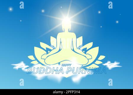 Illustrazione di Buddha meditato su nuvole e fiori di loto, vista del cielo limpido e nuvoloso durante il giorno, per il festival buddista, Happy Buddha Purnima Vesak, Illustrazione Vettoriale