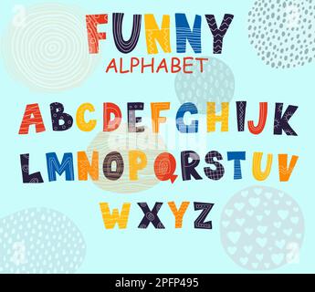 Carattere alfabetico dei figli. Fumetti per bambini. Lettere maiuscole in inglese per bambini. Simboli di testo decorativi a motivi decorativi con ornamento a contorno. Set di icone alfabetiche colorate e divertenti per i vettori Illustrazione Vettoriale