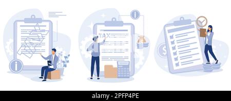 Concetto di deposito fiscale, fornire e aggiornare le vostre informazioni personali, segnalare il vostro reddito, documenti di reclamo, crediti d'imposta e spese, rapporto finanziario, set Illustrazione Vettoriale