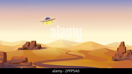 Paesaggio desertico. Selvaggio panorama ovest. Piattino volante in cielo. Stati Uniti natura paese. Banner di silhouette a tema UFO. Valle aliena. Fiume e rocce di arenaria. Terra di sabbia asciutta. Sfondo dell'illustrazione vettoriale Illustrazione Vettoriale