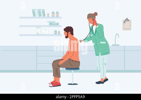 Esame del paziente. Visita ospedaliera al medico. Il medico controlla la salute del carattere maschile malato. Operatore medico con stetoscopio. Trattamento per l'uomo malato. Consulenza clinica professionale. Illustrazione vettoriale Illustrazione Vettoriale