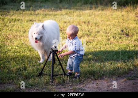 Ragazzino con Samoyed che si scompigliava intorno, giocando con il cavalletto per la macchina fotografica sul prato verde nel parco. Professione di fotografo del futuro. Hobby per bambini Foto Stock