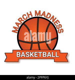 Logo del torneo di basket, emblema, design con palla da basket isolata su sfondo bianco. March Madness basket sport design. Vettore Illustrazione Vettoriale