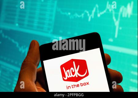 Cina. 19th Feb, 2023. In questa foto, il logo Jack in the Box della catena di ristoranti fast food americano viene visualizzato su uno smartphone con un grafico dell'indice della borsa economica sullo sfondo. Credit: SOPA Images Limited/Alamy Live News Foto Stock