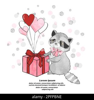 Auguri di compleanno carta design con carino raccoon. Illustrazione vettoriale. Illustrazione Vettoriale