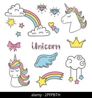 Set di magia carino con unicorno, arcobaleno, ali fata, nuvole. Collezione vettoriale di adesivi alla moda, spille, toppe. Illustrazione Vettoriale