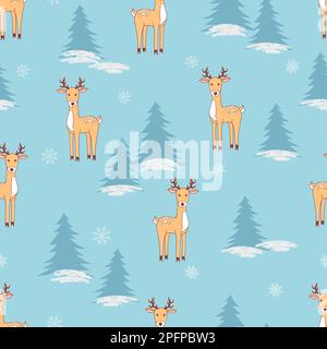 Modello natalizio senza cuciture con cervi carini. Sfondo invernale vettoriale. Illustrazione Vettoriale